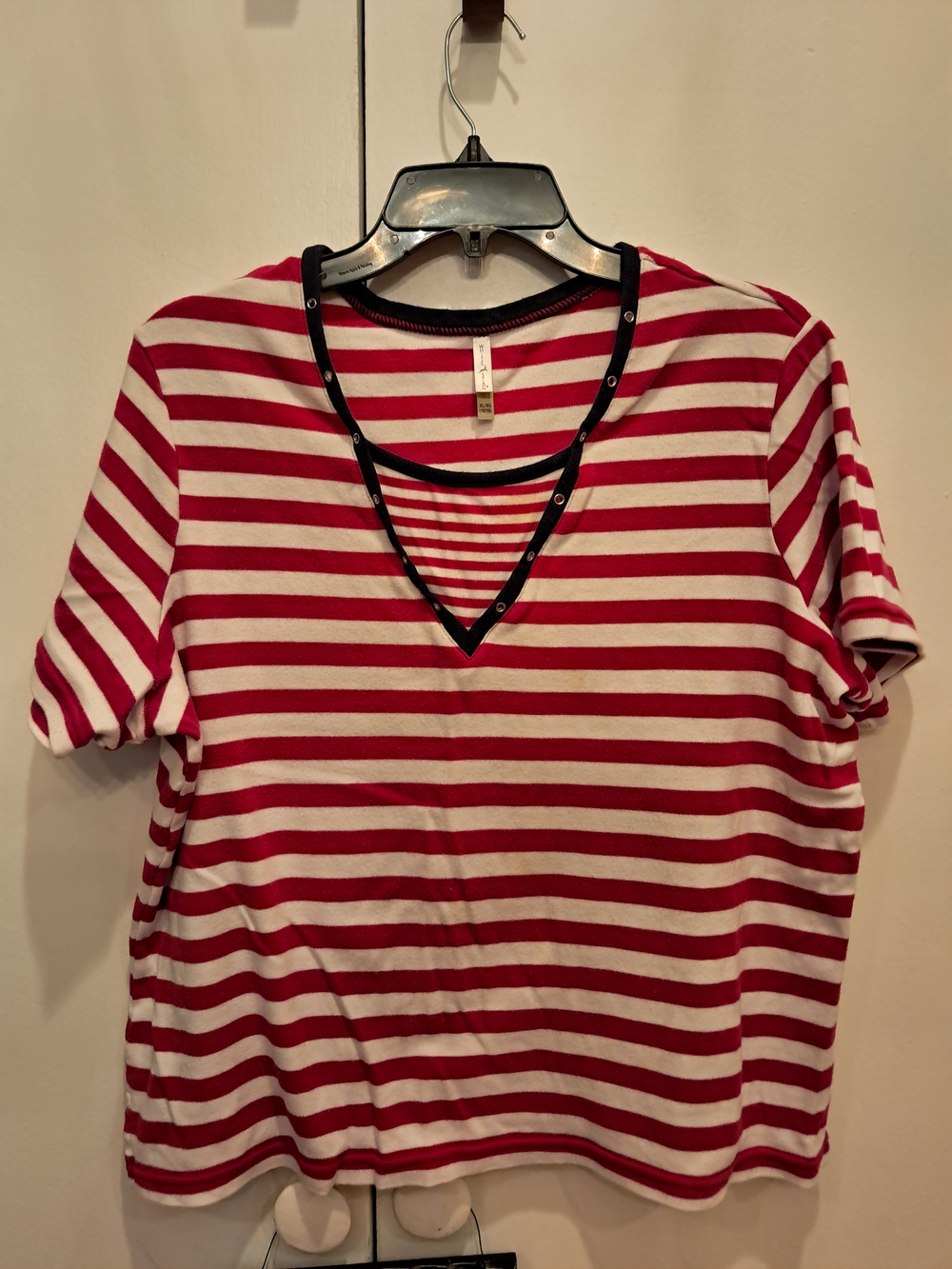 White Stag Red and White Striped Short Sleeve Top with Black Trim